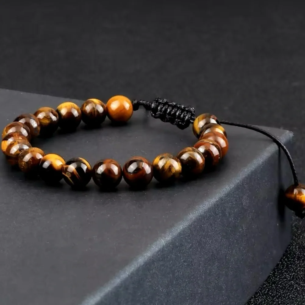 8mm Tiger Eye Stone Beads Bracelet Adjustable Braided Rope Bangles For M…